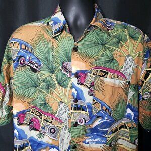 Hawaiian Shirt Rayon Woody Wagons Cars Long Back Hemline Mens Medium M